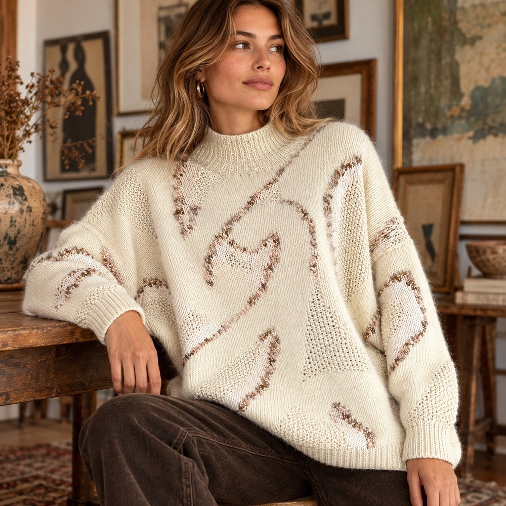Hand Knit Patchwork Textured Wool Angora Blend Sweater M Artsy Boho 80s Cottage
